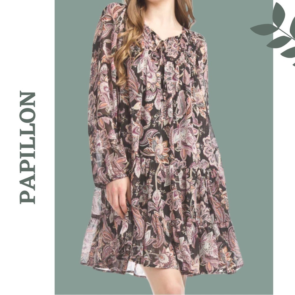 Papillon Paisley Lurex Georgette Tiered Dress Mini Long Sleeve Black Size Small